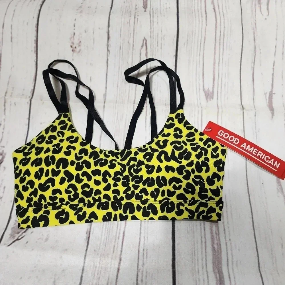 GOOD AMERICAN Yellow and Black Padded Cheetah Print Sports Bra - XS/0 - NWT